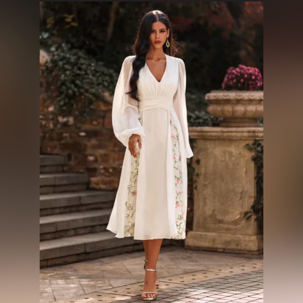 JJ’s House Modest Pleated Lace Midi Dress Floral Romantic Bridal Tea Length